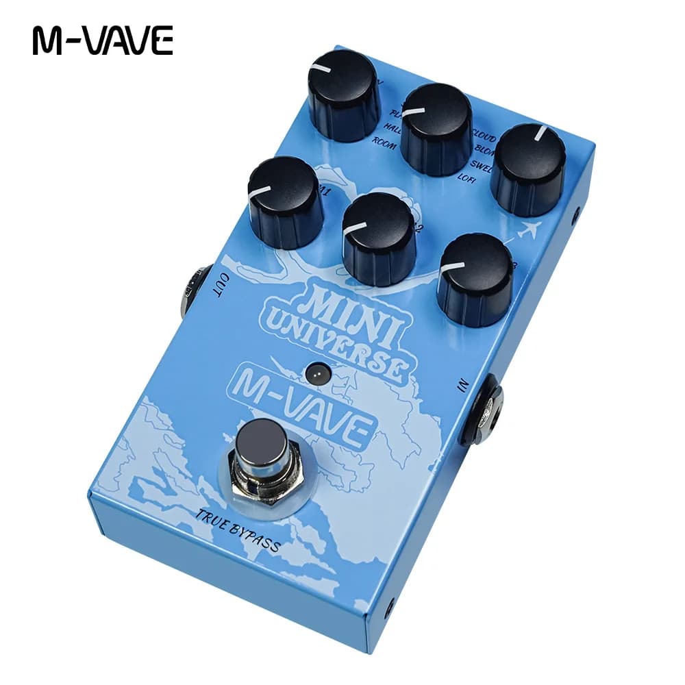 Pequeno pedal de efeitos digitais M-VAVE Mini Universe, nove botões, fundo azul com mapa do mundo, texto 'M-VAVE', 'MINI UNIVERSE' e 'TRUE BYPASS', ângulo frontal, fundo branco.