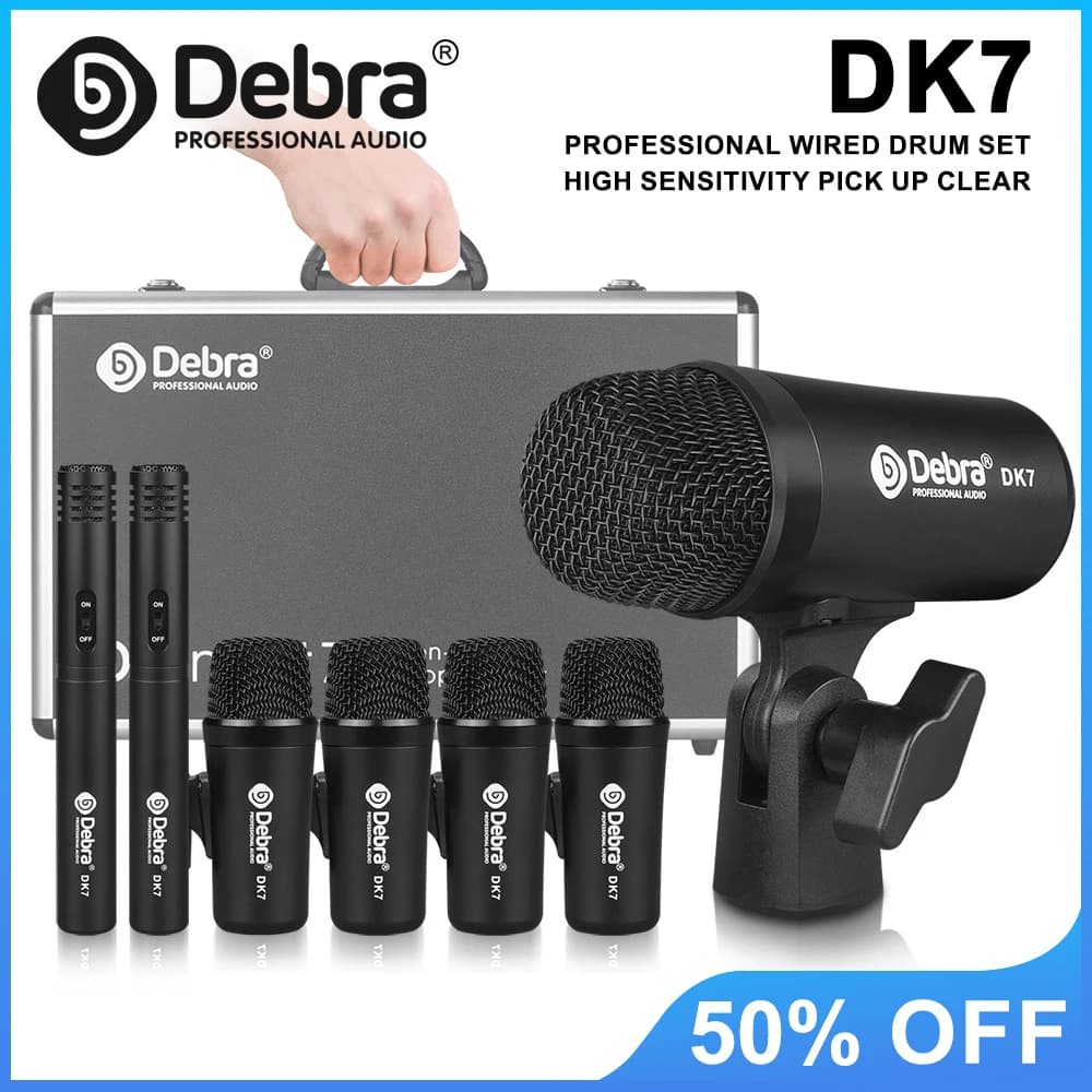 Kit de Microfones para Bateria Debra DK7 Pro, Microfones Dinâmicos com Fio, Profissional, Alto Alcance de Sensibilidade, Kit Completo com Suporte de Braço
