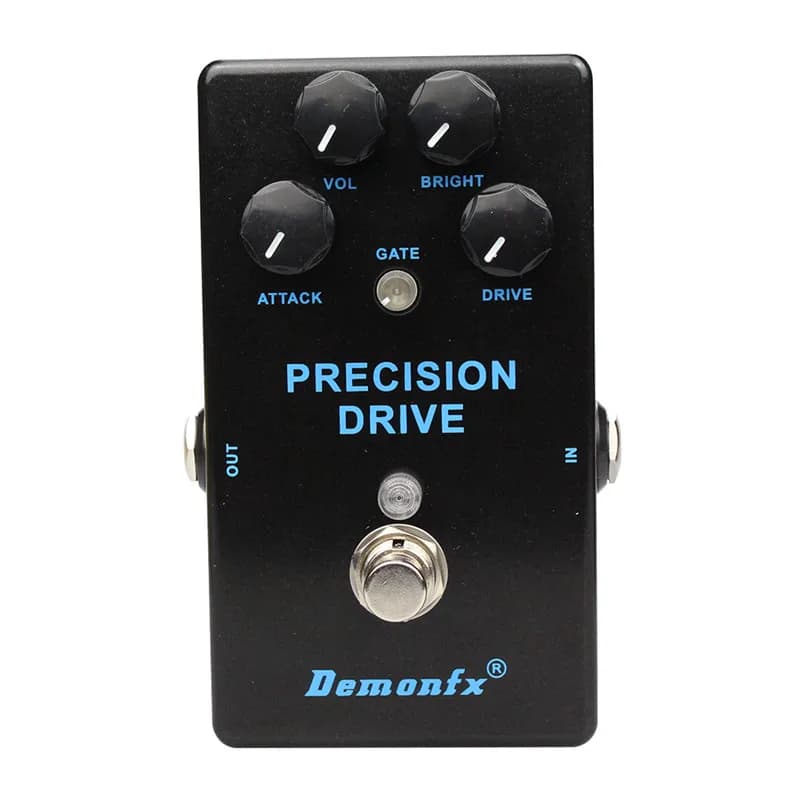Pedal de efeito de guitarra preto Demonfx Precision Drive com botões VOL, BRIGHT, GATE, ATTACK, DRIVE e switch central
