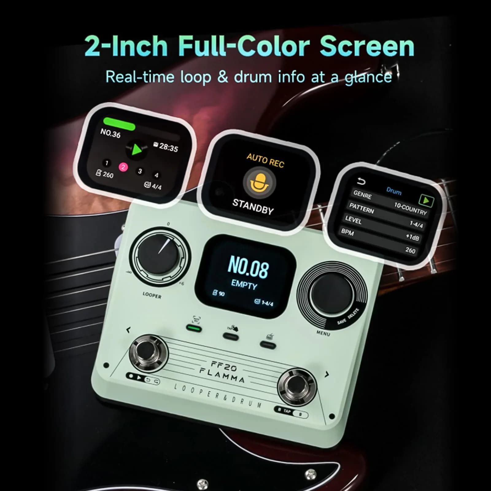 FLAMMA FF20 Ferramenta de desempenho para guitarra/baixo, pedal looper para máquina de tambor - 220 ranhuras, laço estéreo de 300 minutos, 100 slots com tela colorida