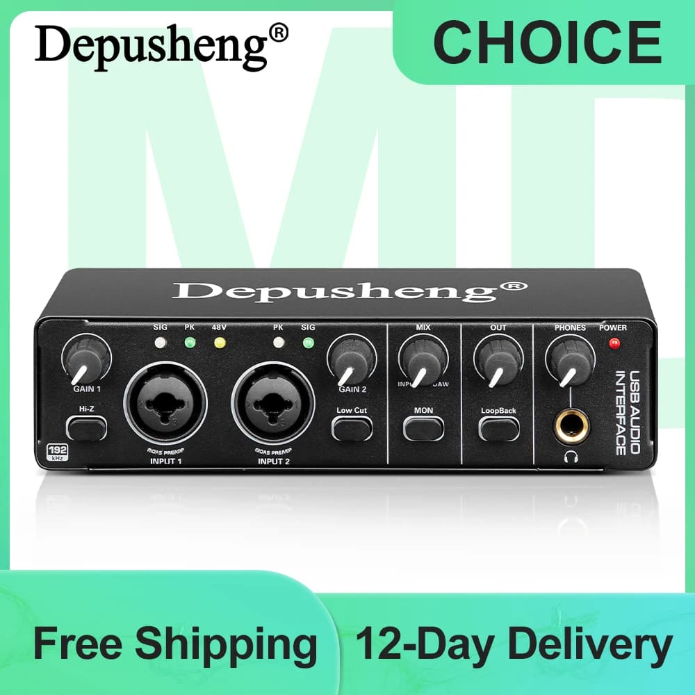Interface de áudio Depusheng MD22 Placa de som profissional com monitoramento de guitarra elétrica Gravação ao vivo para estúdio de canto Micro
