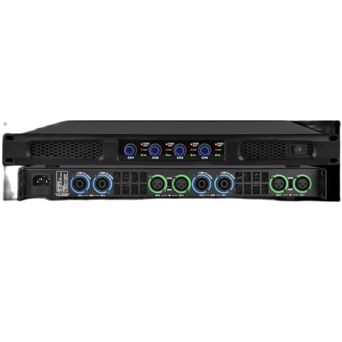 Amplificador de áudio profissional Pro 4WD 6000W, 2/4 canais, 2600 Watts, vista frontal