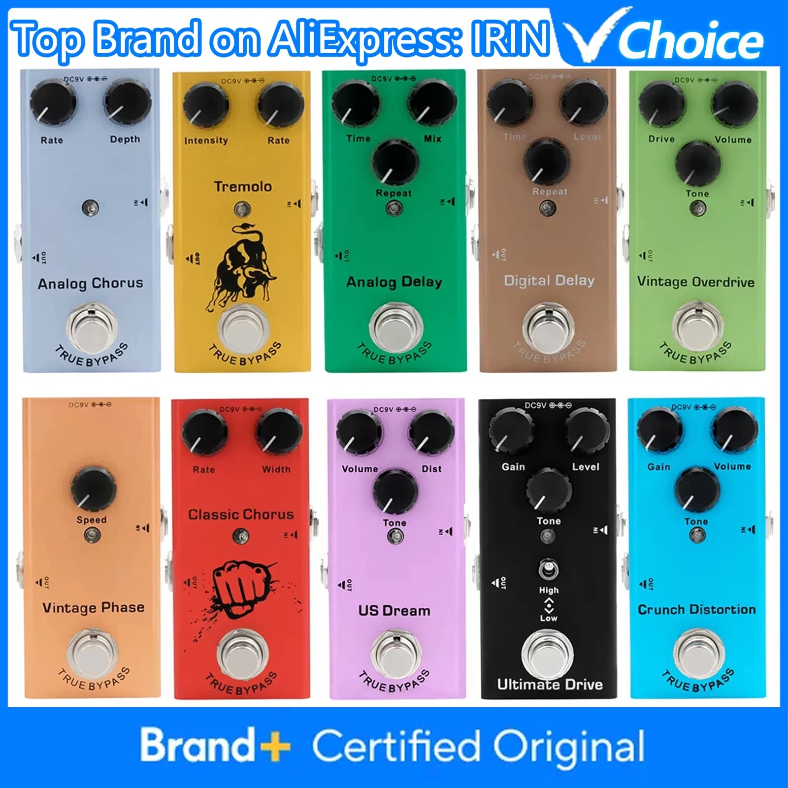 Pedais de guitarra elétrica com diferentes efeitos: Analog Chorus, Classic Chorus, Vintage Phase, US Dream, Crunch Distortion, Ultimate Drive