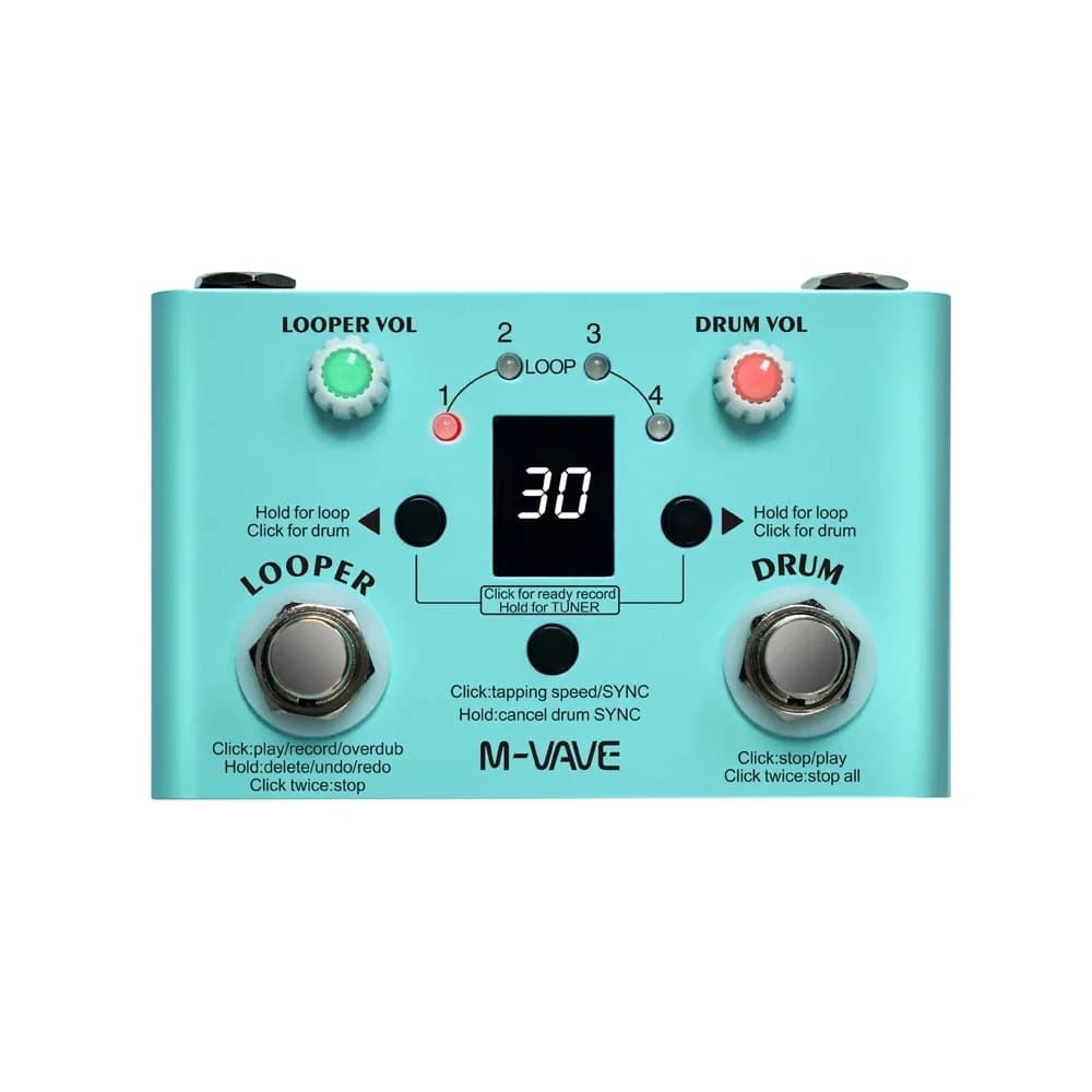 Pedal de efeito de guitarra M-vave Lost Tempo, azul claro, com botões e display digital.