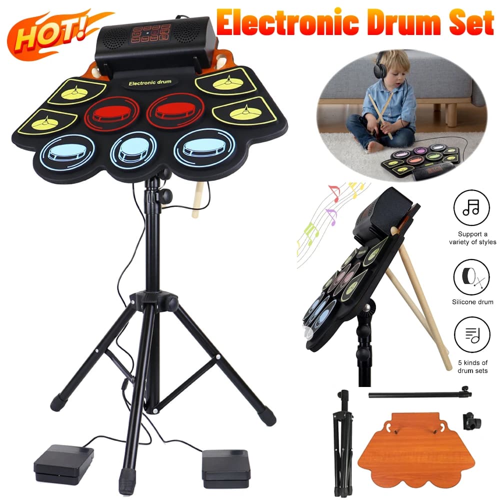 Conjunto de bateria eletrônica com baquetas, pedais, bateria musical, 9 almofadas, tambor enrolável, instrumento musical eletrônico para crianças e adultos