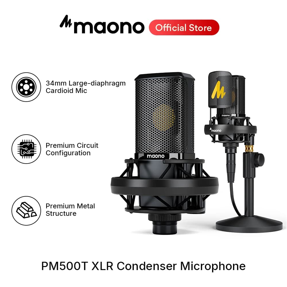 Microfone Condensador MAONO XLR Todo em Metal com Diafragma Grande de 34 mm Mic Cardioide Profissional de Estúdio para Gravação, Podcasting, Streaming, Voice Over, Vocais, Música, YouTube