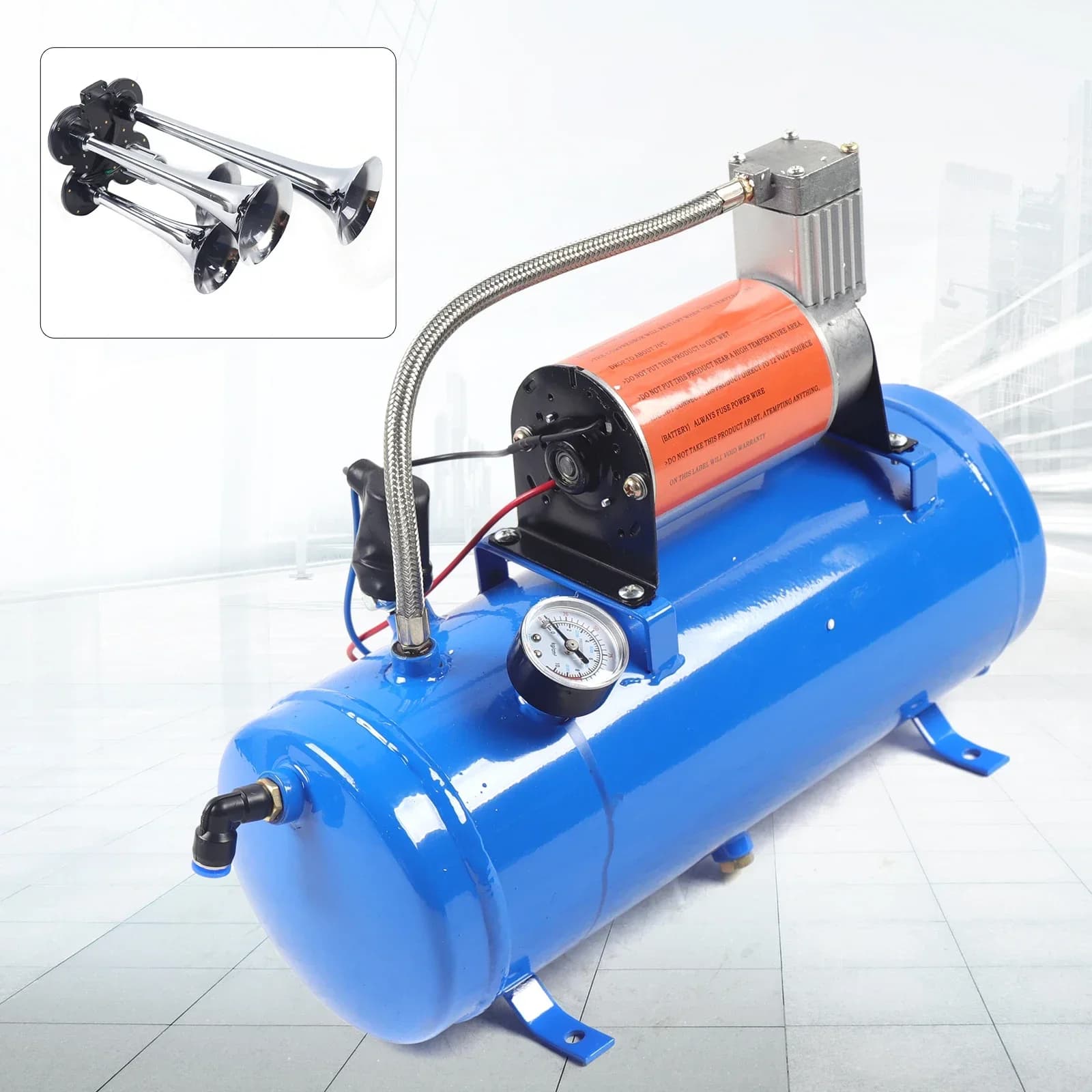 l l #   Kit de buzina de ar 6 litros com 150 PSI 12v 6L Luft Kompressor Compressor 4 Trompete, compressor de ar 6 litros + buzina de 4 tubos prata (DC