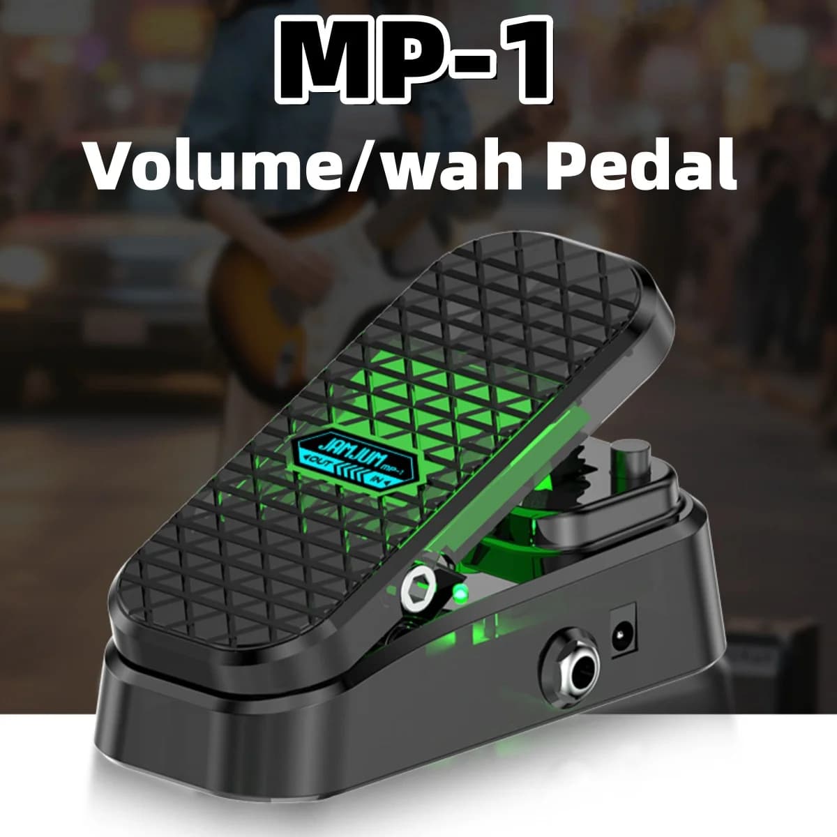 Pedal de volume e wah MP-1, iluminação verde neon, superfície texturizada, alavanca central, design minimalista.
