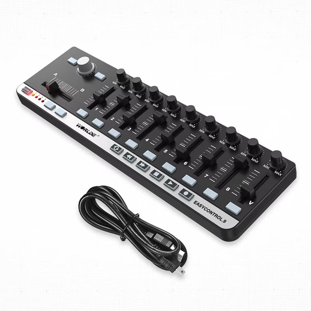 Controlador MIDI Worlde EasyControl.9 - Controle USB portátil Slimline com 4 bancos de memória, 6 botões de transporte e kit Plug-n-Play