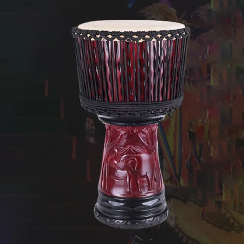 Tambor Africano Profissional Vermelho com Escultura de Elefante