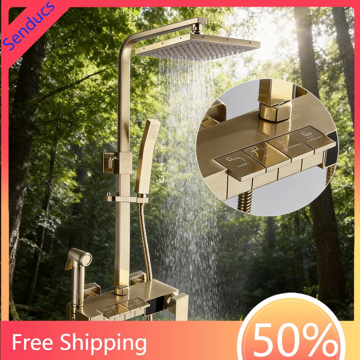 Conjunto de Chuveiro Digital para Banheiro em Latão Dourado Escovado com Efeito Chuva, Torneira Termostática e Sistema Digital de Chuveiro Piano para Água Quente e Fria