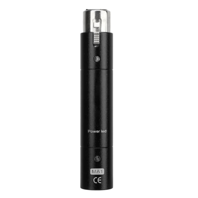 Pré-amplificador de microfone em linha com ganho de 28db, preto com detalhes em prata.