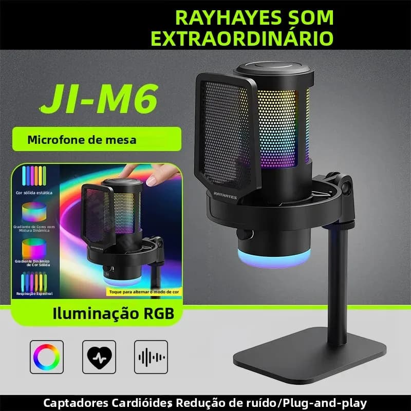Microfone Condensador de Mesa de Alto Desempenho RAYHAYES JI-M6 com Luz RGB Respiratória, Ideal para Jogos e Streaming