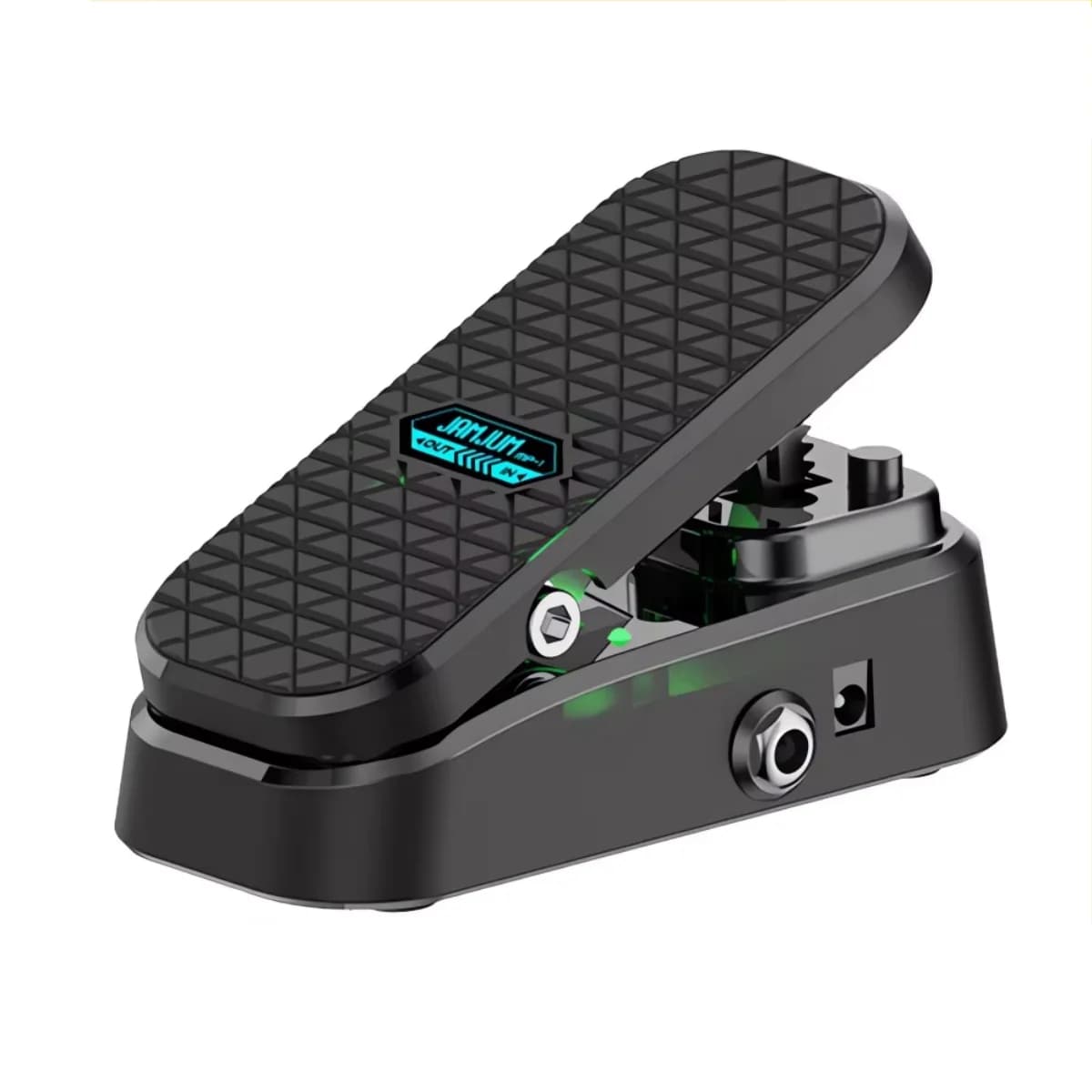 Pedal de guitarra MP-1 preto com controle de volume e wah, superfície texturizada e LED verde.