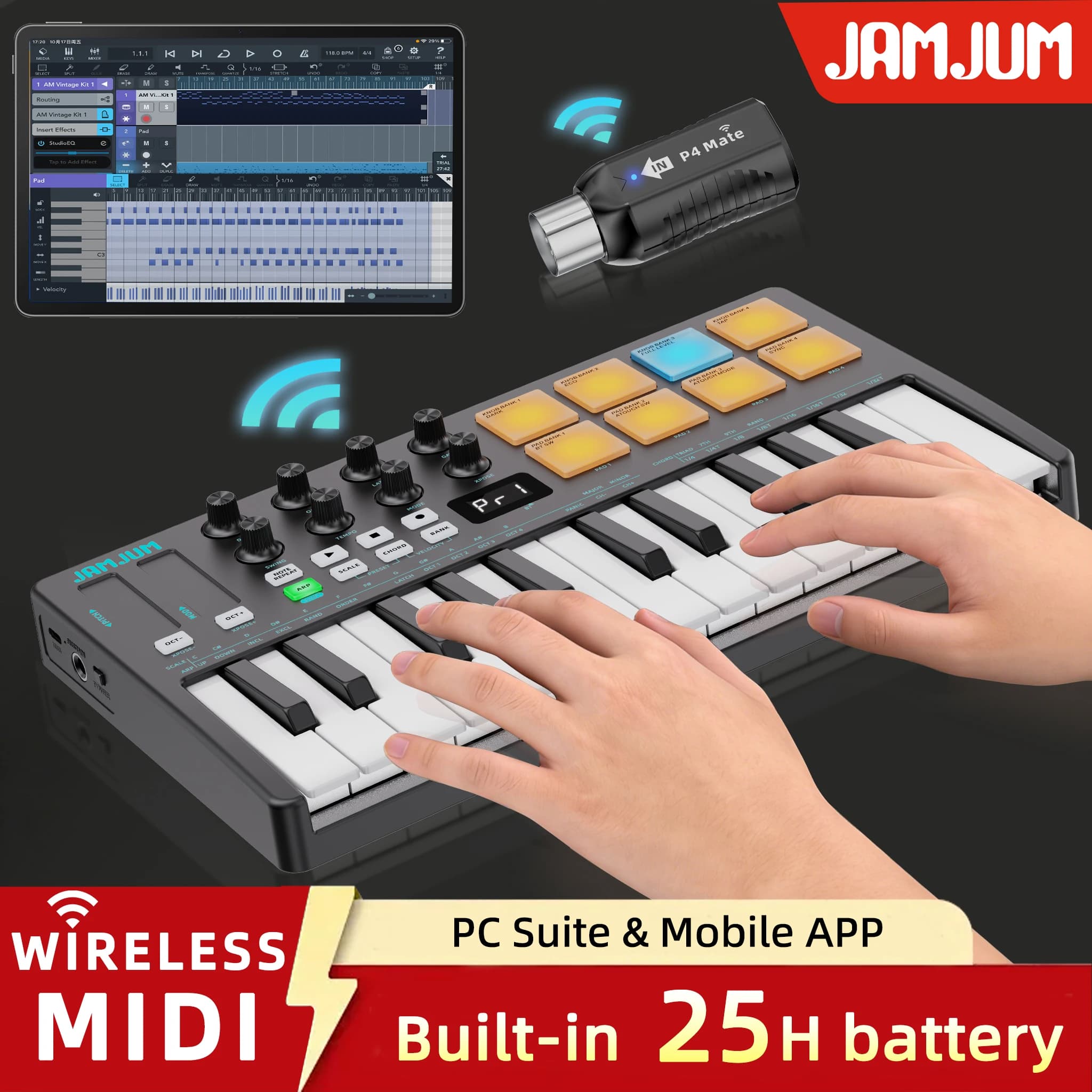 Controlador MIDI JAMJUM com Teclado USB Mini de 25 Teclas, 16 Pads de Bateria RGB, 8 Botões e Produção Musical, Software Incluído