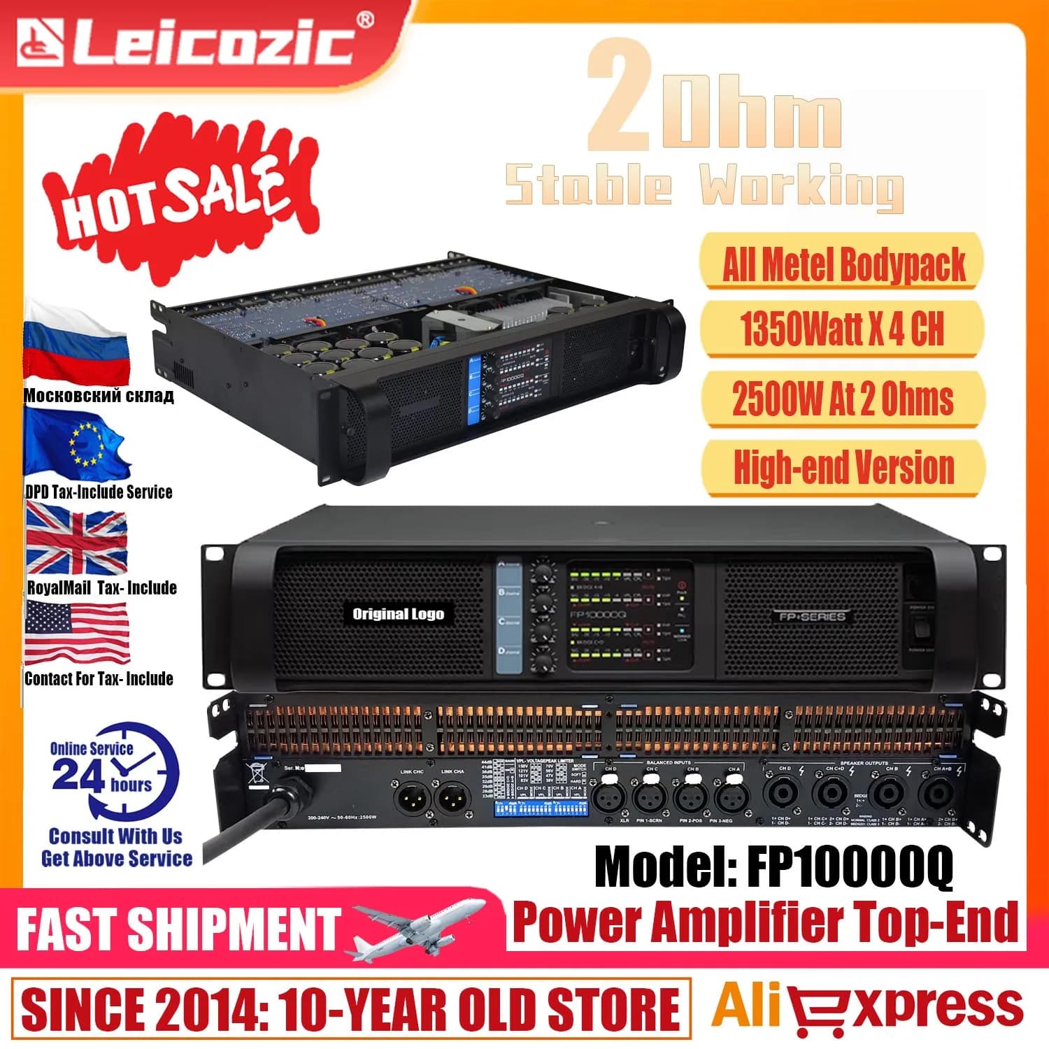 Amplificador de áudio Leicozic FP10000Q, 2500W, 4 canais, classe TD, profissional