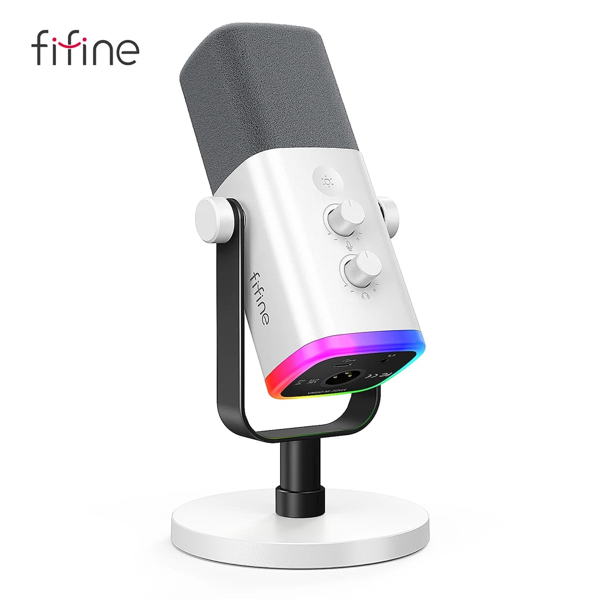 Microfone dinâmico FIFINE AM8W com RGB em suporte de mesa, fundo branco