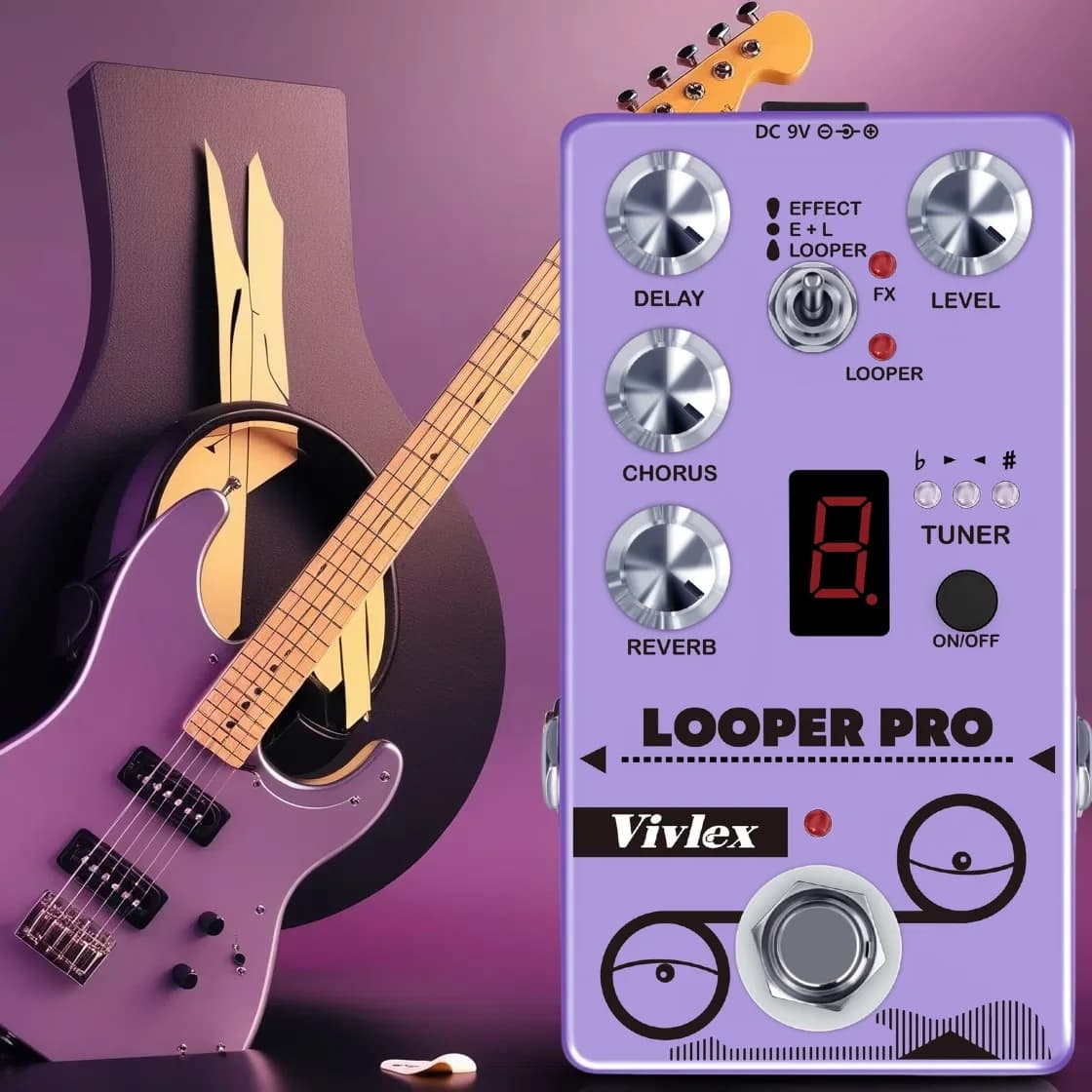 Pedal de efeitos Looper Pro da Vivlex para guitarra, cor roxa, múltiplos botões e controles rotulados.