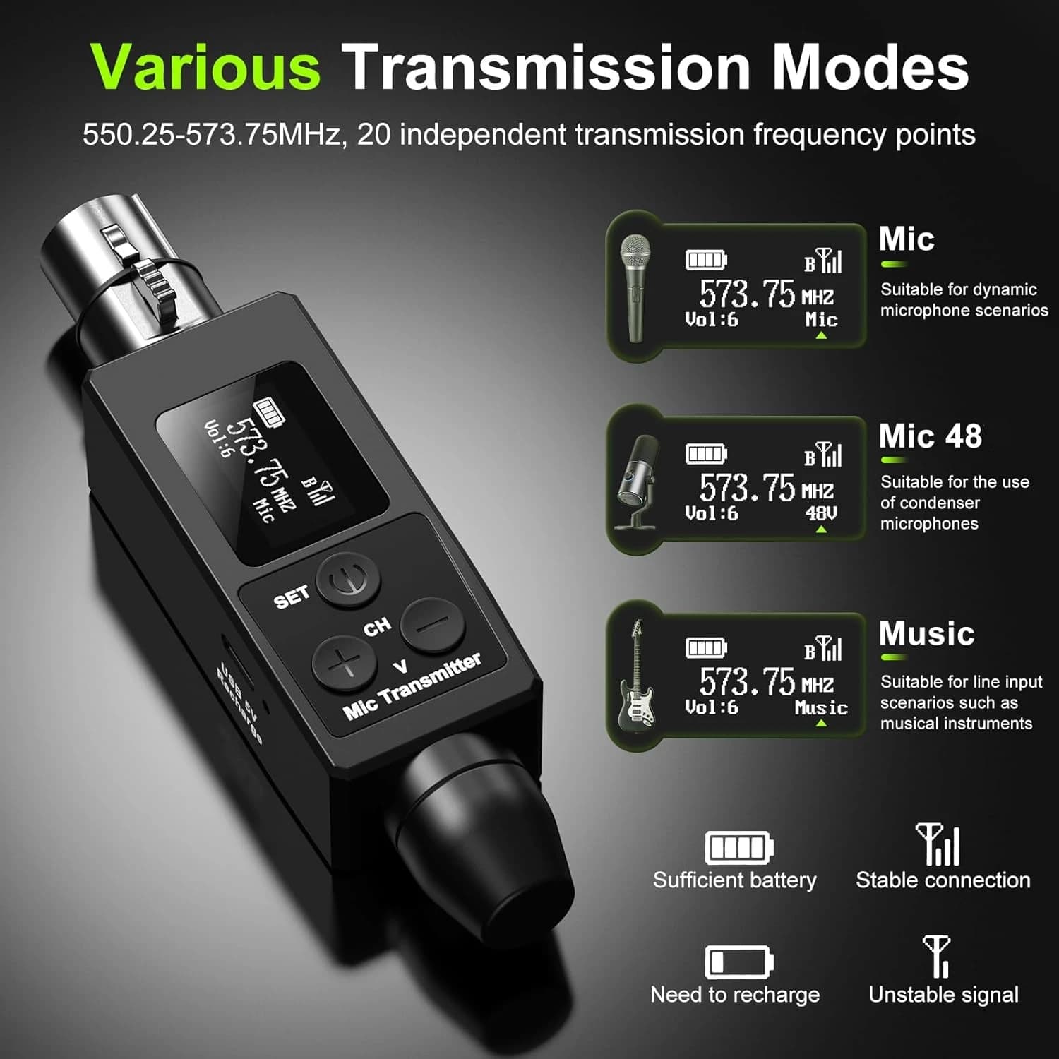 Microfone sem fio UHF com transmissor e receptor de microfone, preto, XLR, 48V, 2 peças