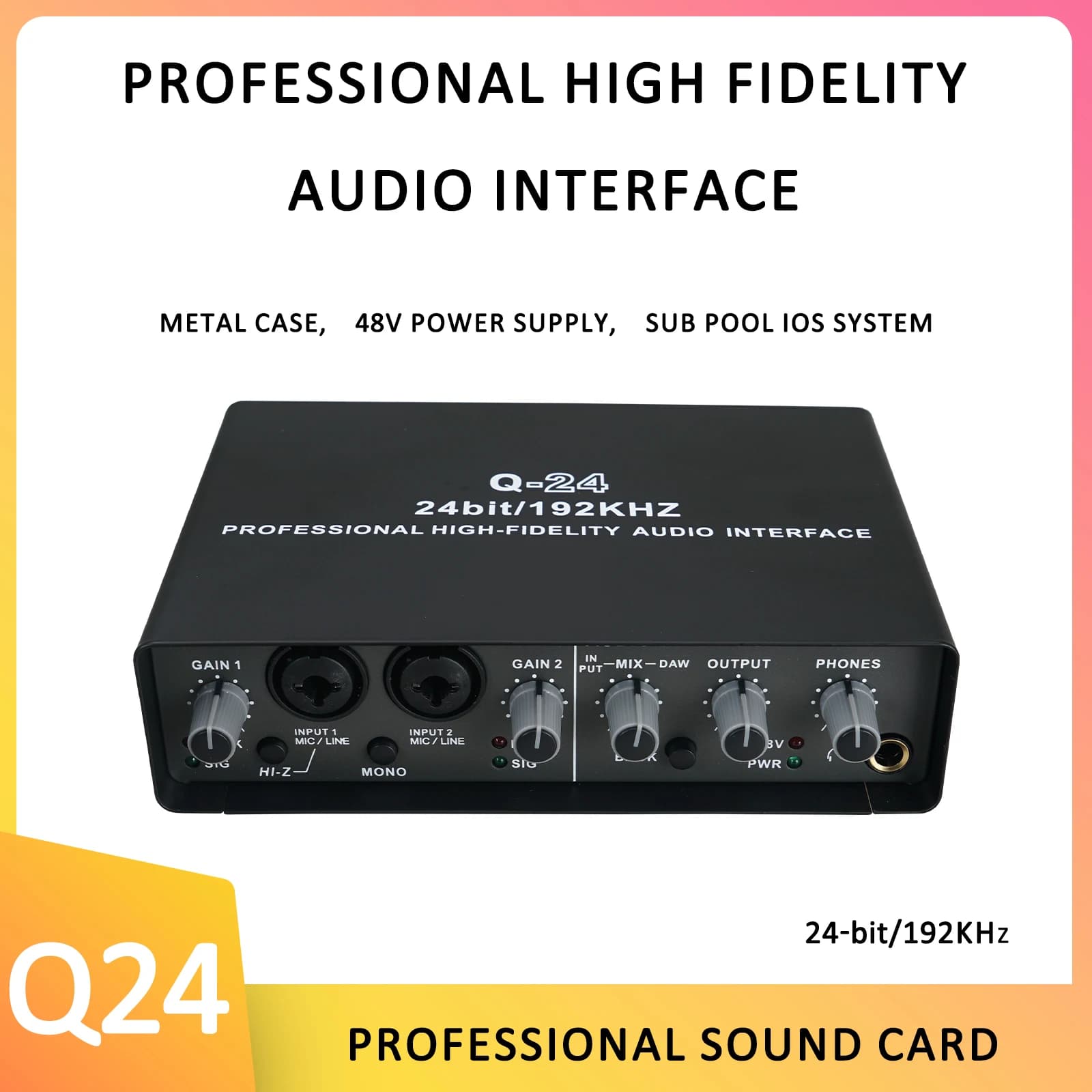 Placa de som profissional de interface de áudio Q24 com monitoramento de guitarra elétrica gravação ao vivo para estúdio cantando micro, vocalista,