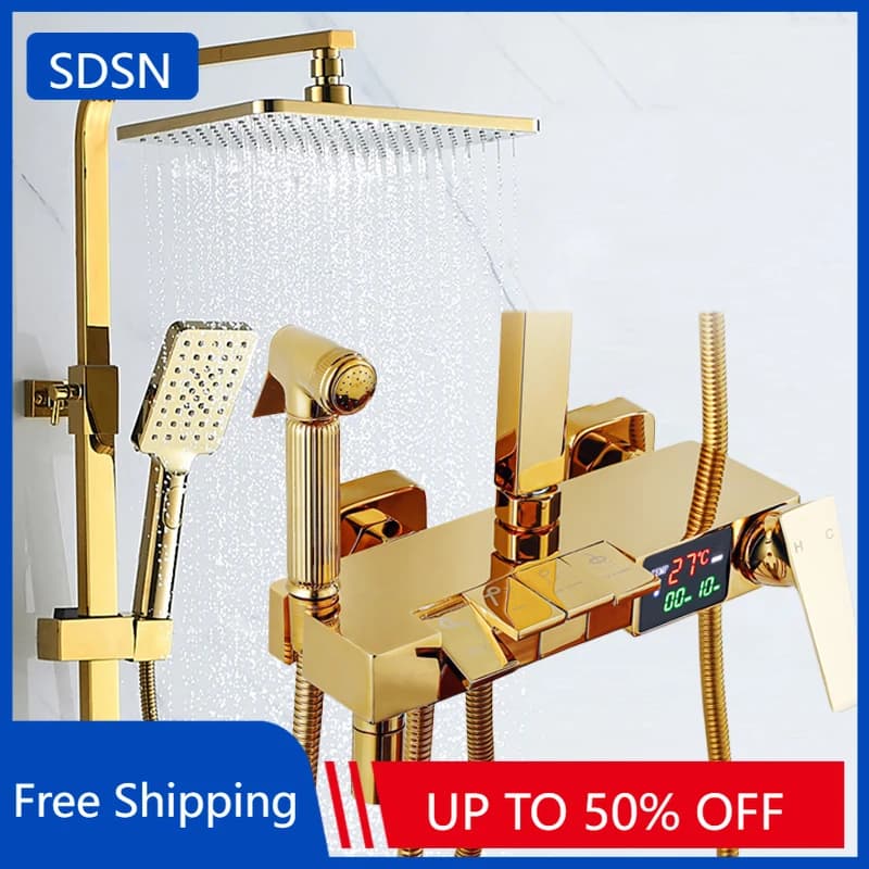 Conjunto de chuveiro de banheiro com display digital, piano dourado, acessórios de torneira de banheiro de latão, sistema de chuveiro digital termostático