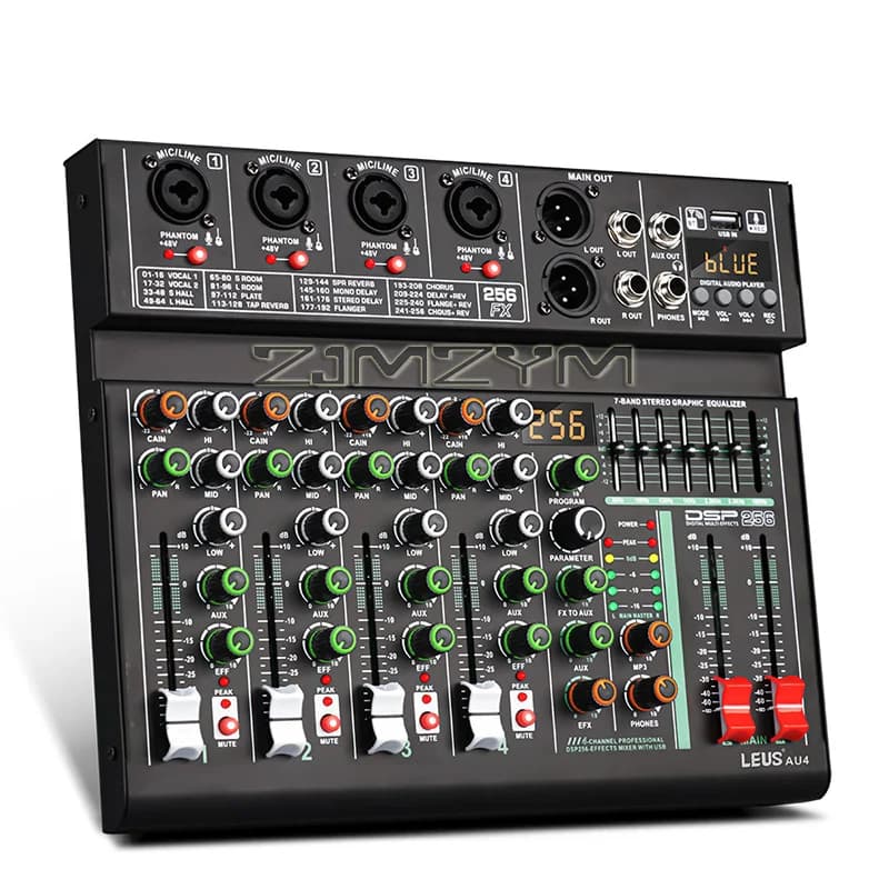 Mixer de áudio com efeito ah4, canal 256dsp, com alimentação fantasma de 48v, usb, bluetooth, console de dj para pc, karaokê, mixagem de som, misturador de quatro vias