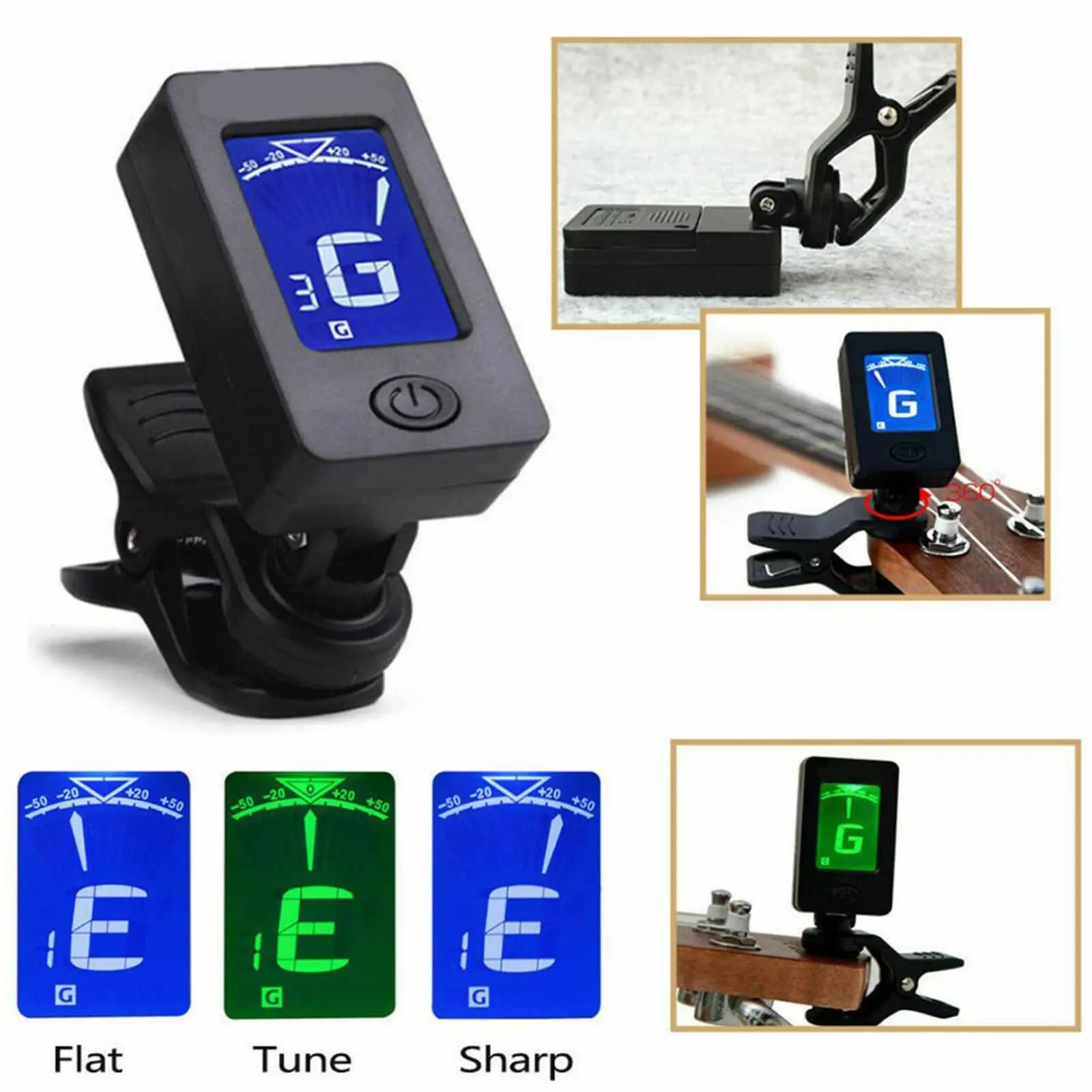 Afinador de guitarra profissional com clip e tela LCD, nota 'G', clip de guitarra, estados de afinação.