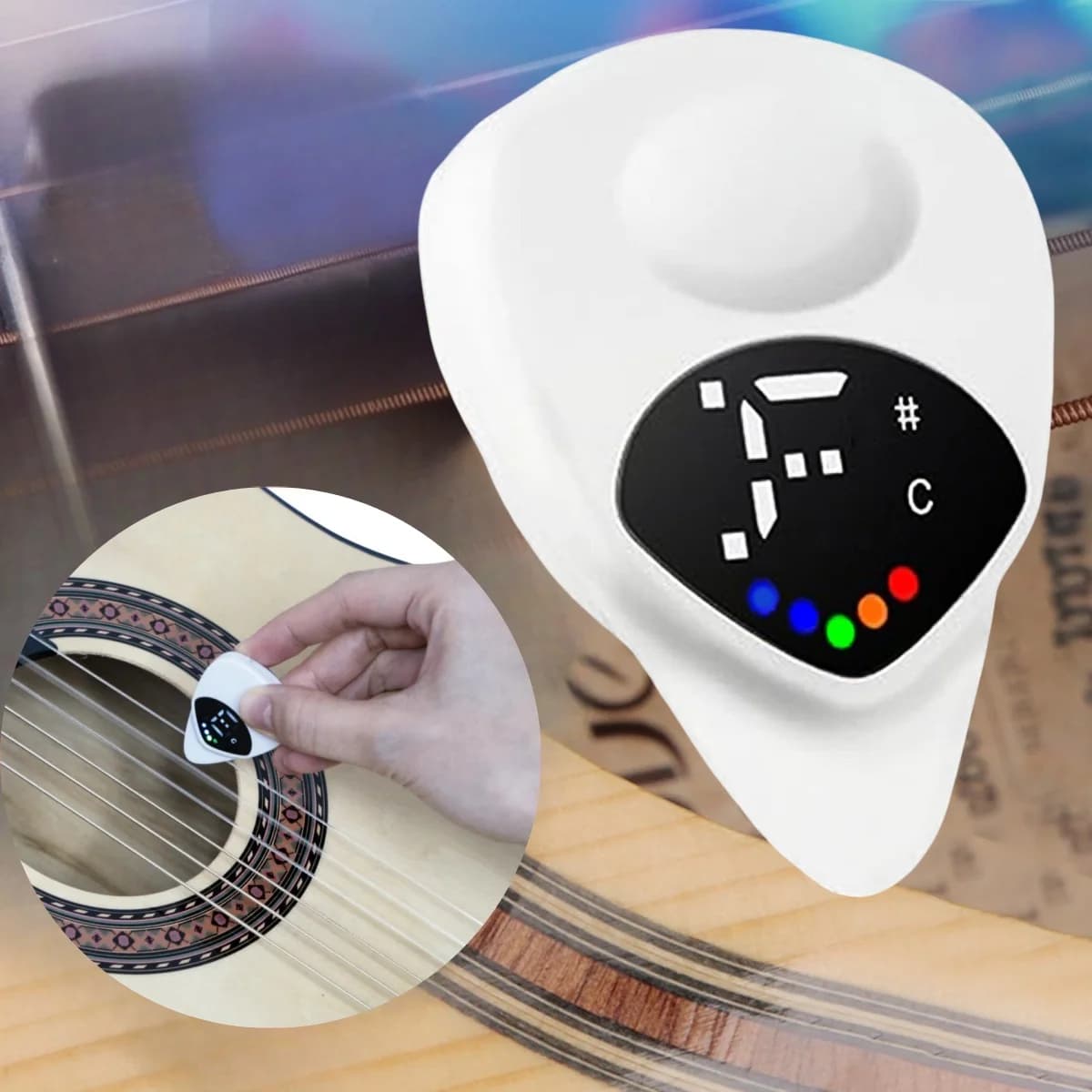 Afinador de palheta de guitarra digital branco com tela LED