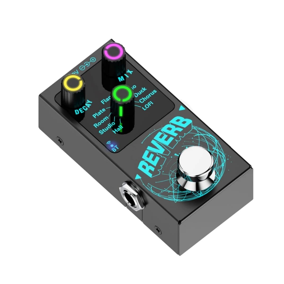 Pedal de guitarra digital com efeitos de reverberação, controles de decadência, mistura e lofi, indicadores luminosos, texto REVERB em azul.