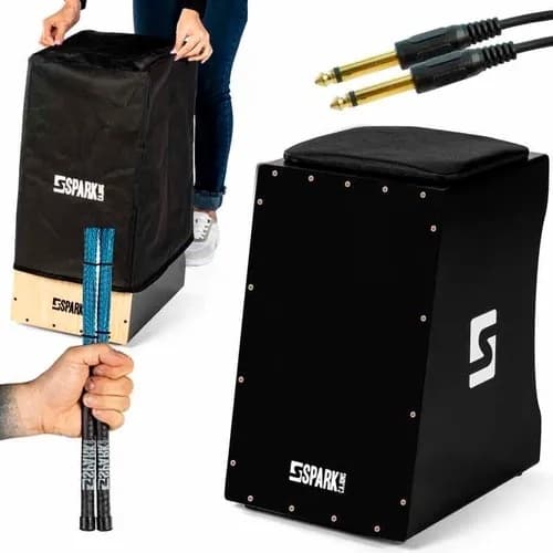Cajon elétrico Spark preto com capa, cabos P10 e varinha