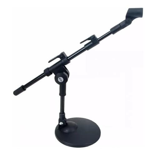 Pedestal de mesa para microfone Vector Mini Girafa SM-20, metal preto, ajuste de altura, fundo branco.