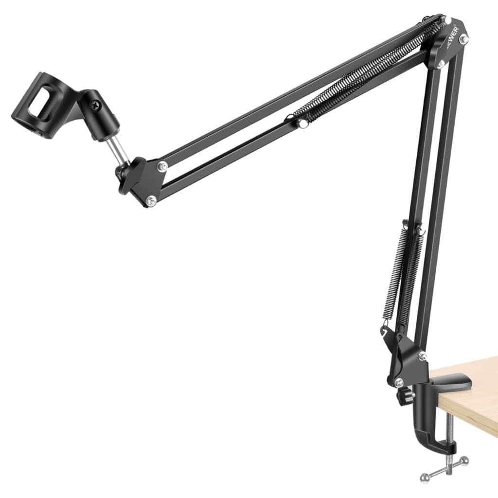 Suporte articulado para microfone preto em mesa