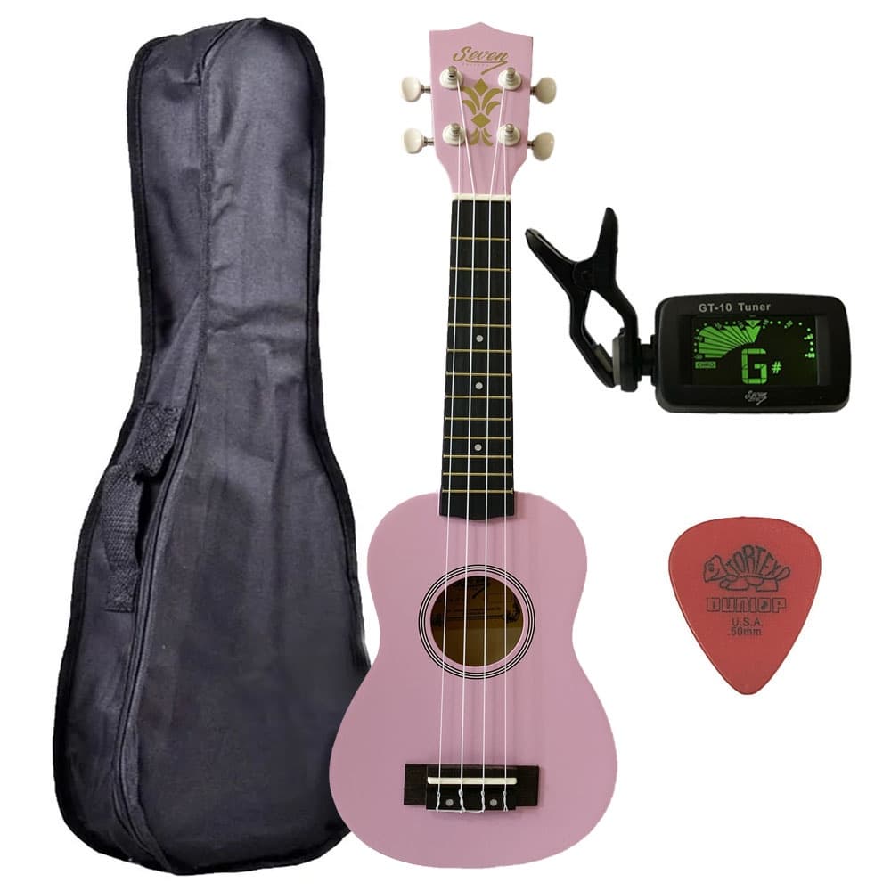 Ukulele rosa Seven soprano com estojo, captador de afinação e plectrum