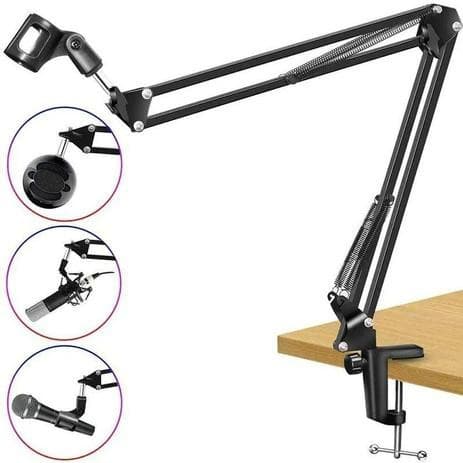 Suporte de mesa para microfone preto com três ângulos de visualização