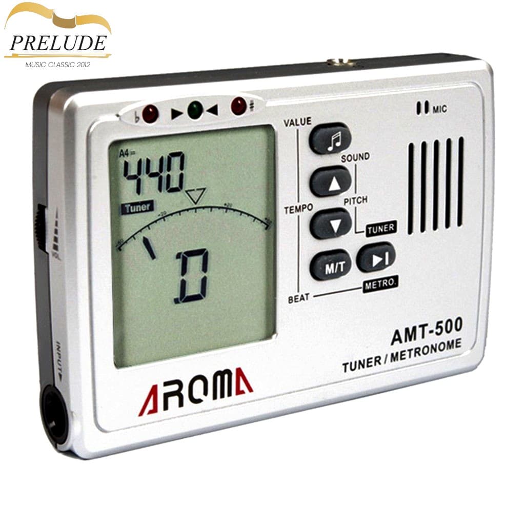 Afinador e metrônomo cromático Aroma AMT-500, prateado e branco, com display digital e controles visíveis.