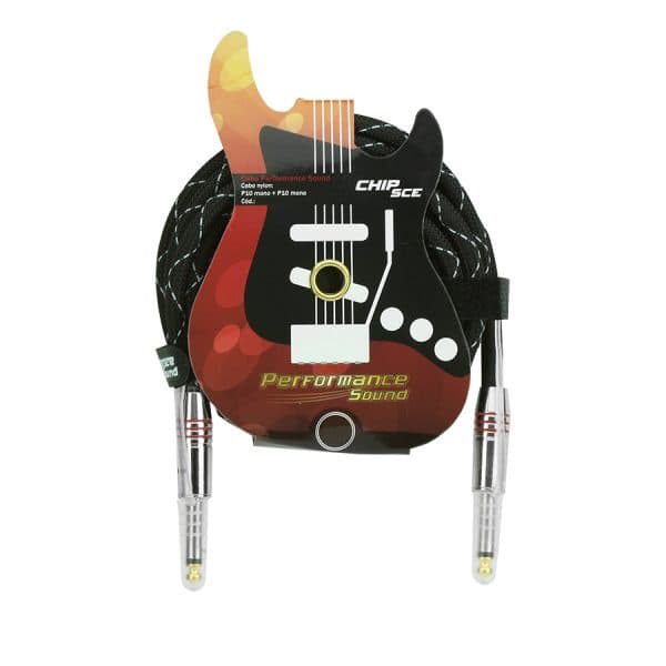 Cabo de guitarra em forma de guitarra, vermelho e preto, Performance Sound, P10 Metal, conectores dourados, 5 metros