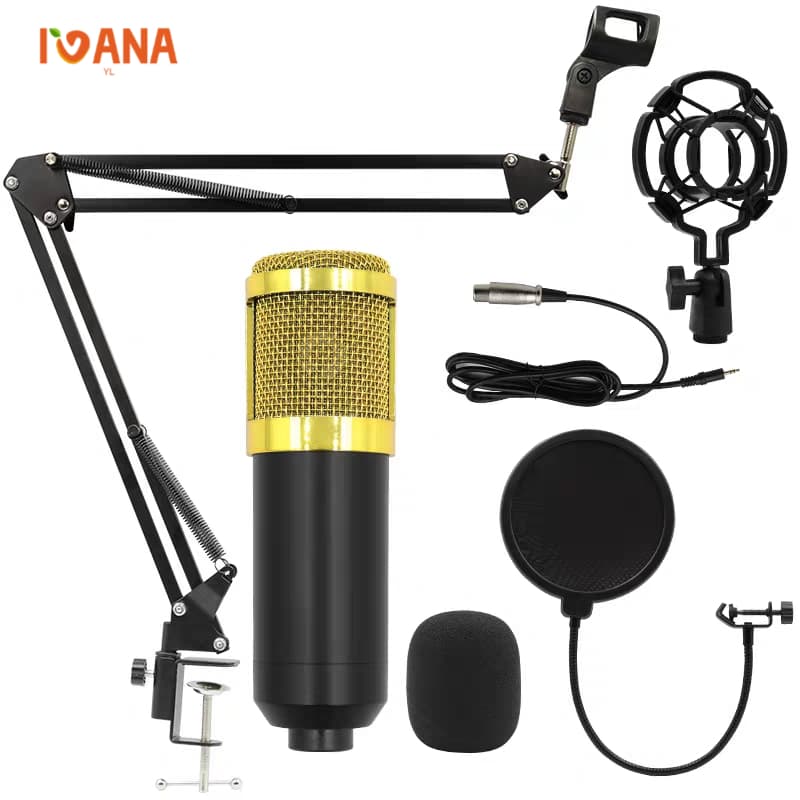 Kit Microfone Profissional Completo Dourado com Pop Filter Aranha Braço Articulado