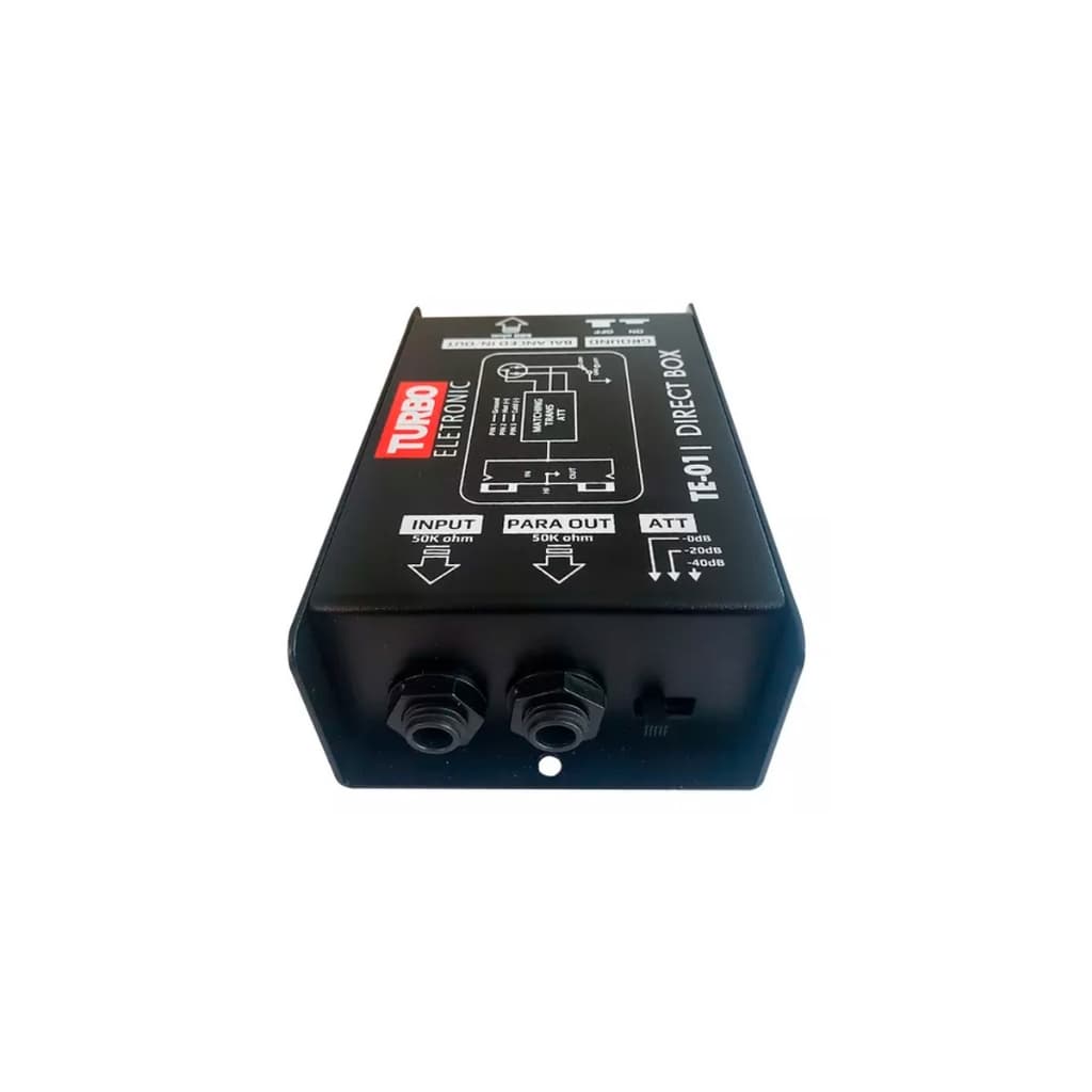 Caixa direta passiva Turbo Eletronic TE-01 em preto com conectores de rosca e etiqueta vermelha