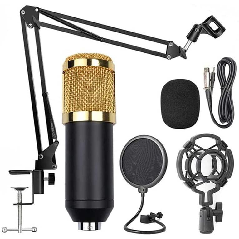 Kit Microfone Profissional P/ Estúdio e Gravação + Pop Filter + Aranha + Braço Articulado