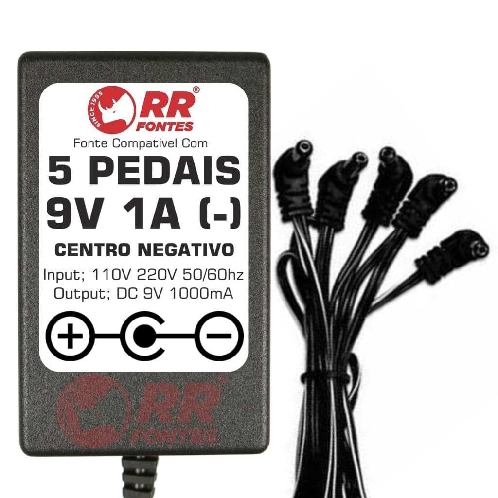 Fonte 9V 1A para 5 pedais pedaleira com 5 plugues pretos
