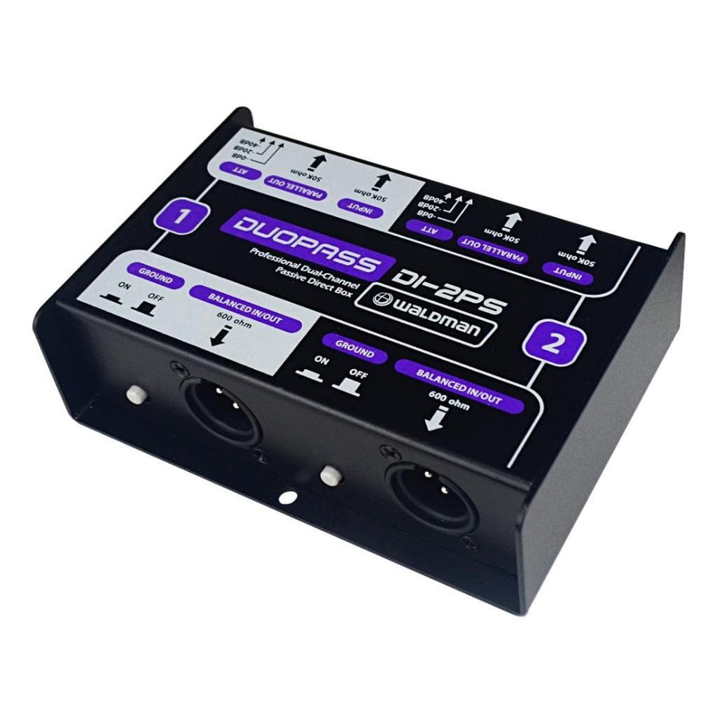 Direct Box Passivo 2 Canais Di-2PS Waldman com conectores XLR e botões de controle