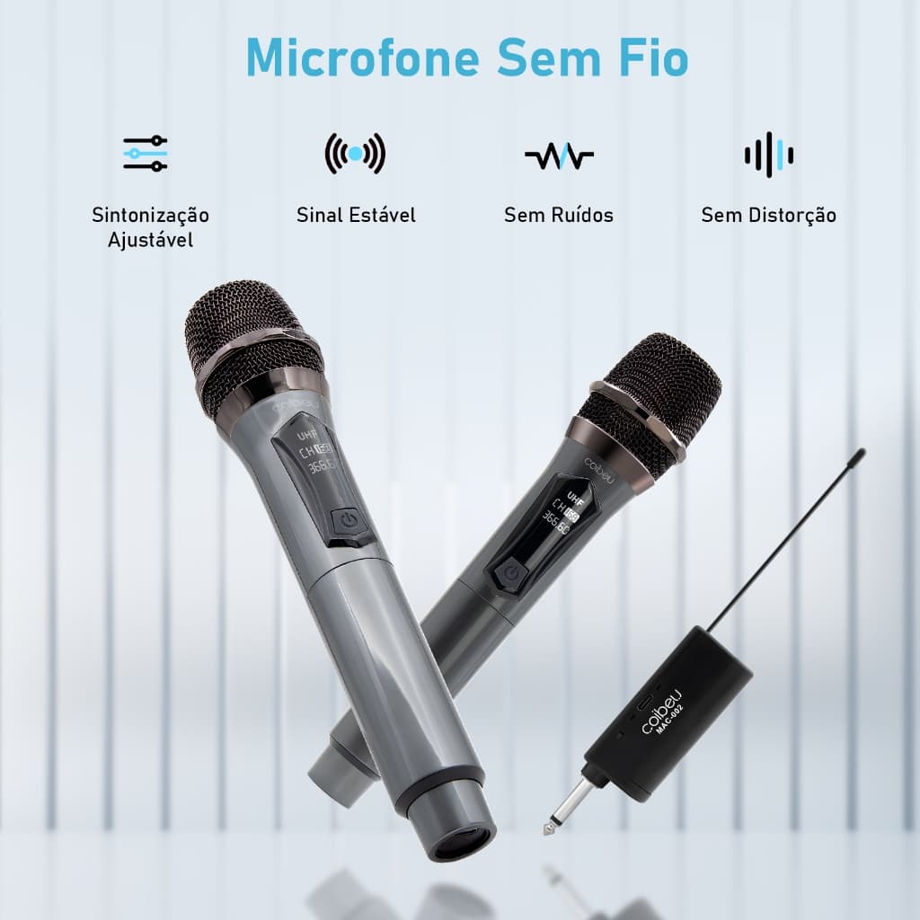 Microfones Dinâmicos Sem Fio Duplo Profissional COIBEU com Cabo de Conexão