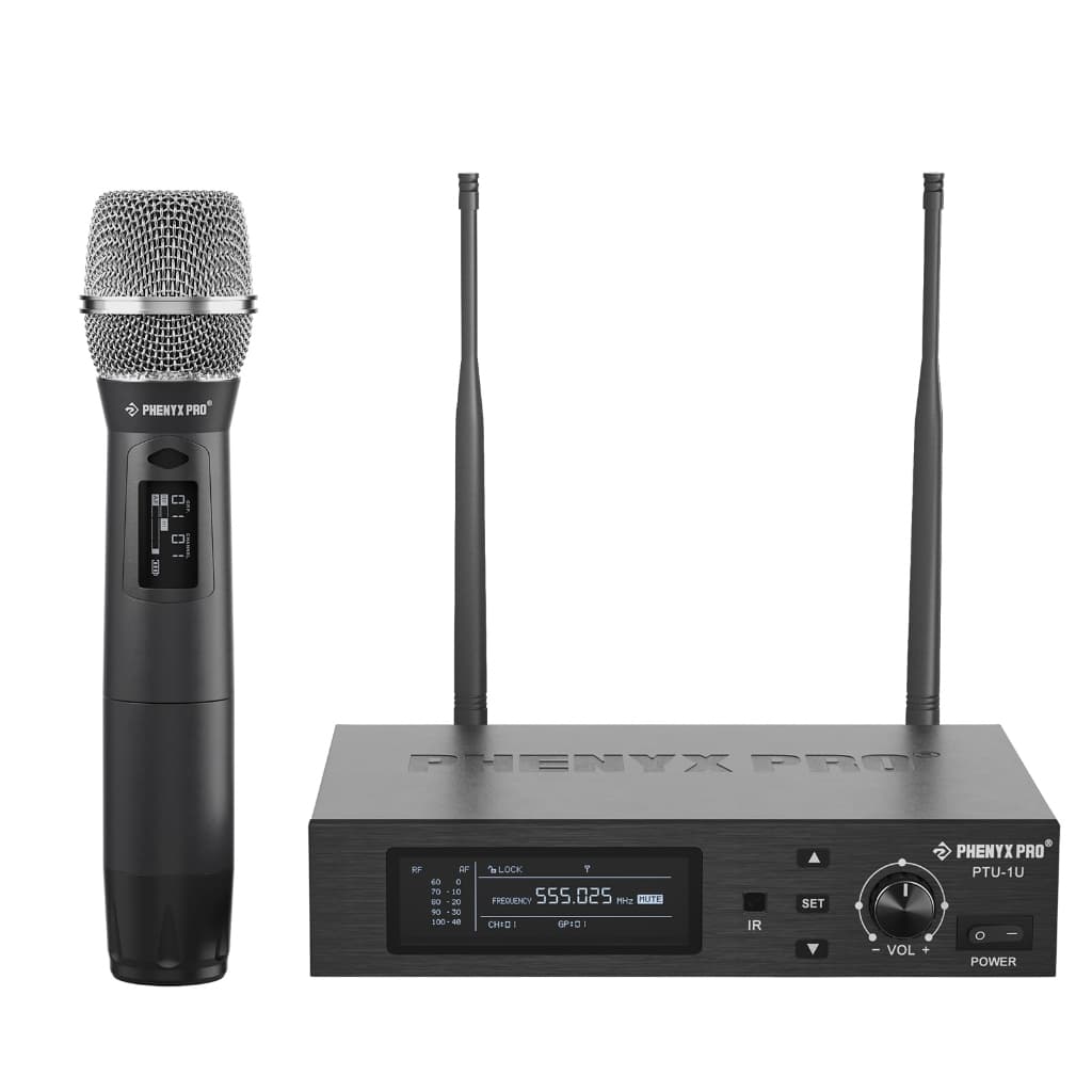 Microfone sem fio Phenyx Pro PTU-1U com receptor e transmissor, fundo branco