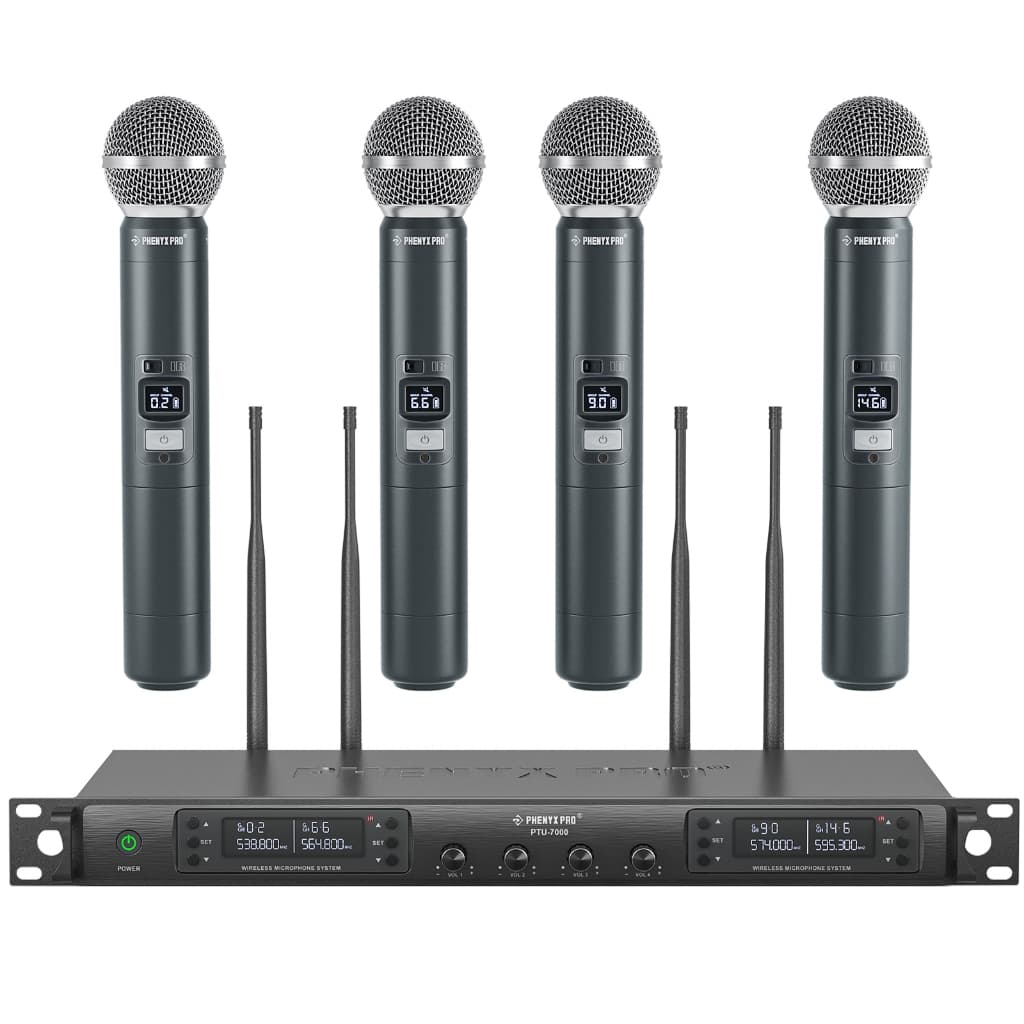 Microfones dinâmicos profissionais Phenyx Pro PTU-7000, 4 canais, sem fio, cinza e preto