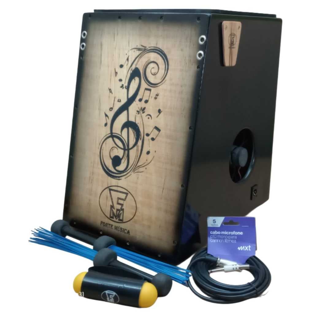 Cajon 2 Bumbos Eletro Acústico Forte Musica com microfone e acessórios