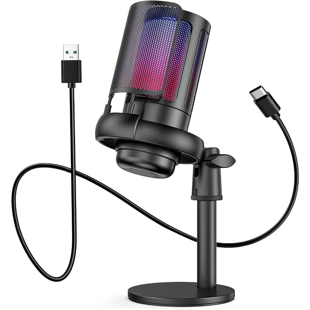 Microfone condensador USB para PC, microfone de jogos de computador para PS4/PS5/Mac, microfone condensador com mudo rápido, luz RGB