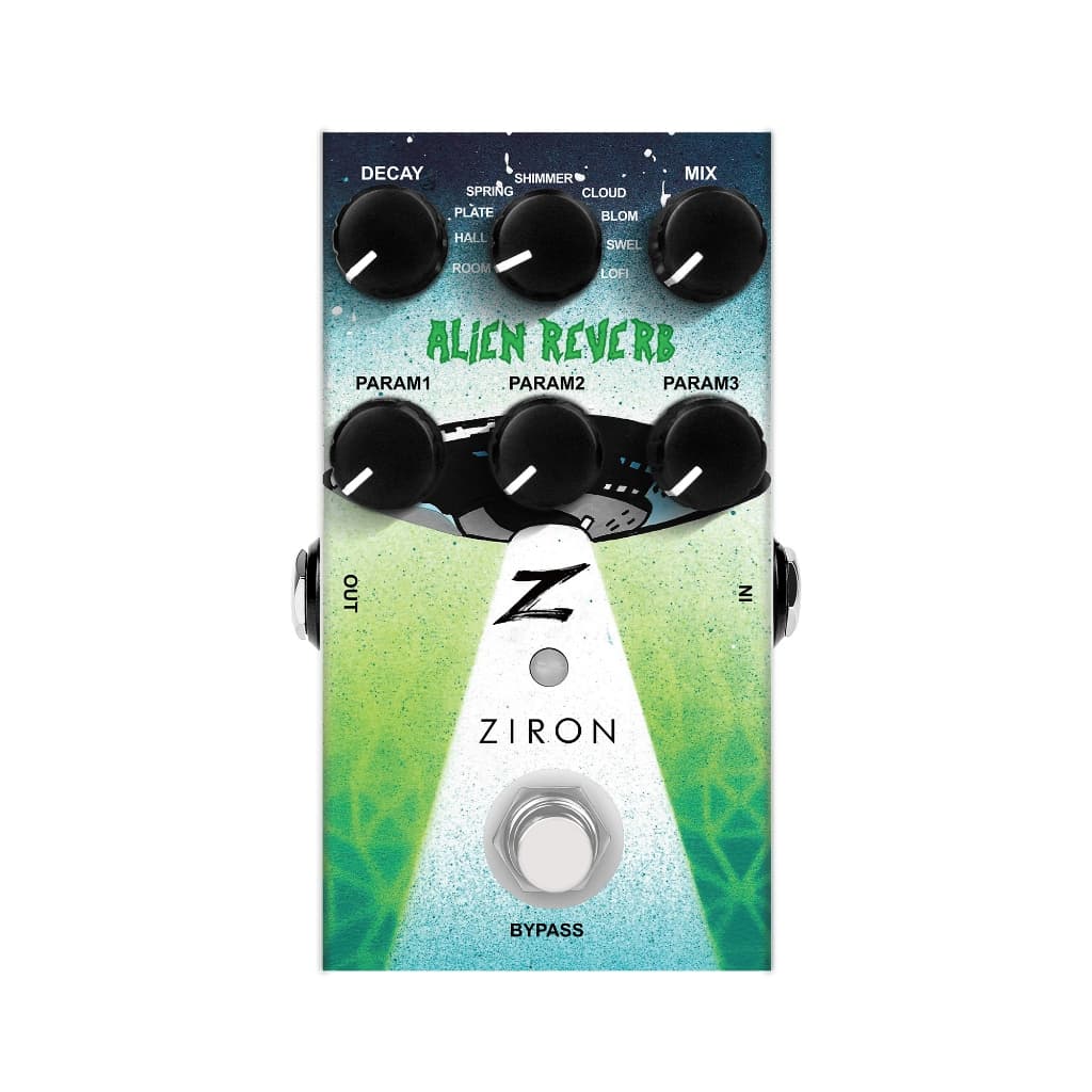 Pedal de efeitos para guitarra Ziron Alien com 9 tipos de reverb, fundo verde e azul, botões pretos rotulados.