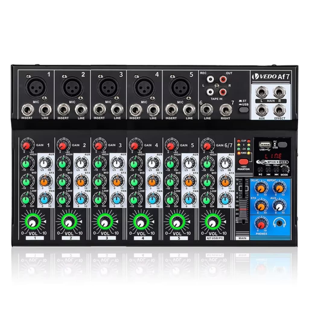 VEDO AF7 Mesa De Som analógico Placa de som digital mesclada 7 canais Configurações de funções personalizadas Console