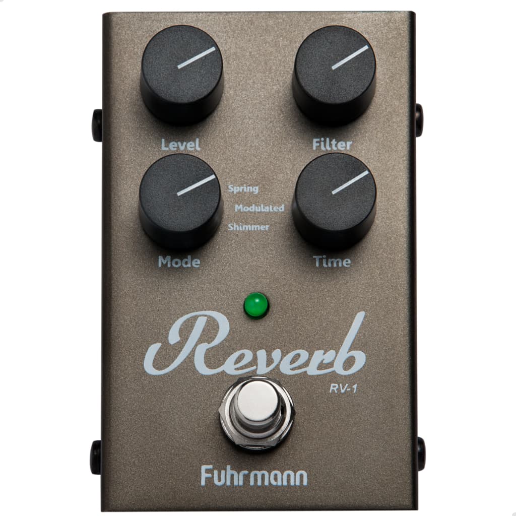 Pedal de efeito Fuhrmann Reverb cinza escuro com botões pretos e texto branco