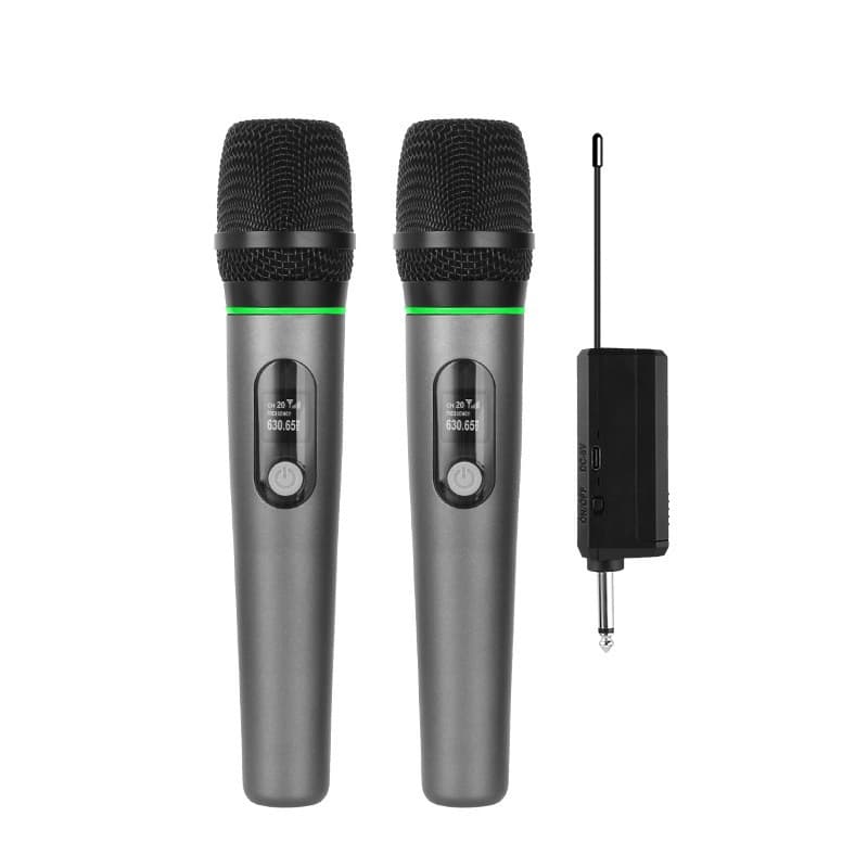 Microfones dinâmicos sem fio cinza e preto com receptor branco